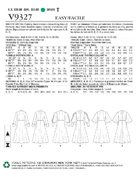 Patron Vogue 9327 A5 - Robe femme à décolleté V avec bas évasé