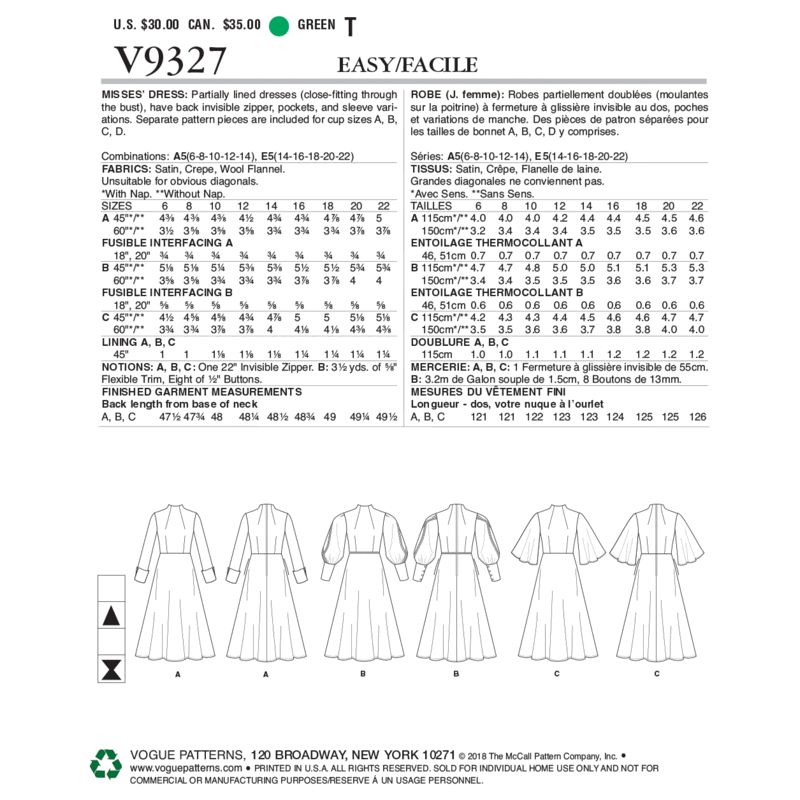 Patron Vogue 9327 E5 - Robe femme à décolleté V avec bas évasé
