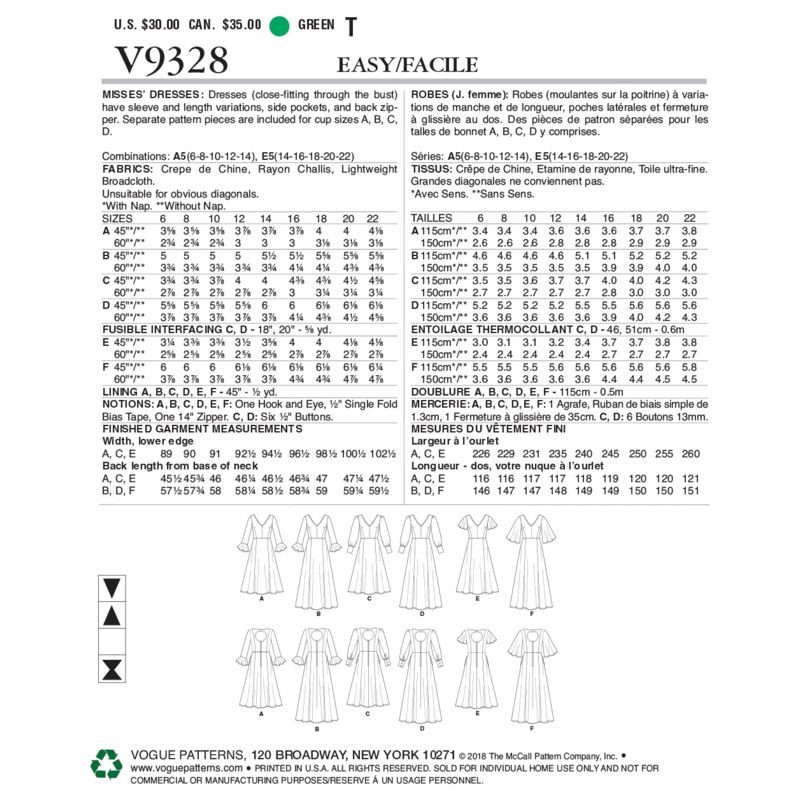 Patron Vogue 9328 A5 - Robes femme, mi-longue ou longue, avec dos ajouré