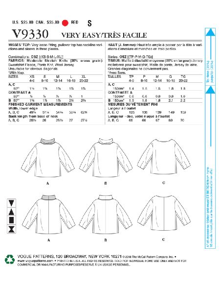 Patron Vogue 9330 OSZ - Haut très ample