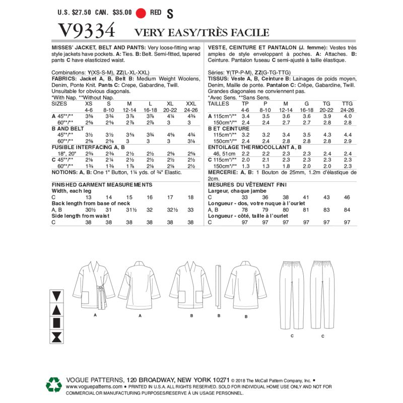 Patron Vogue 9334 Y - Ensemble femme : Kimono avec veste ceinturée et pantalon