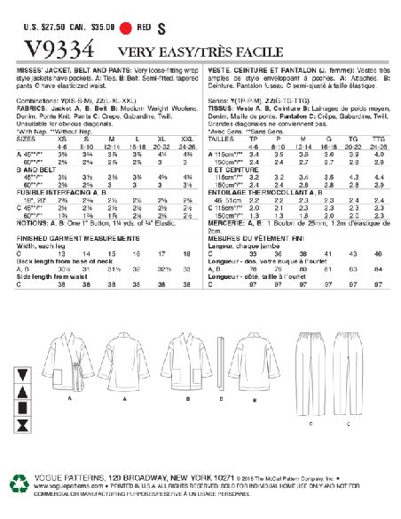 Patron Vogue 9334 Y - Ensemble femme : Kimono avec veste ceinturée et pantalon