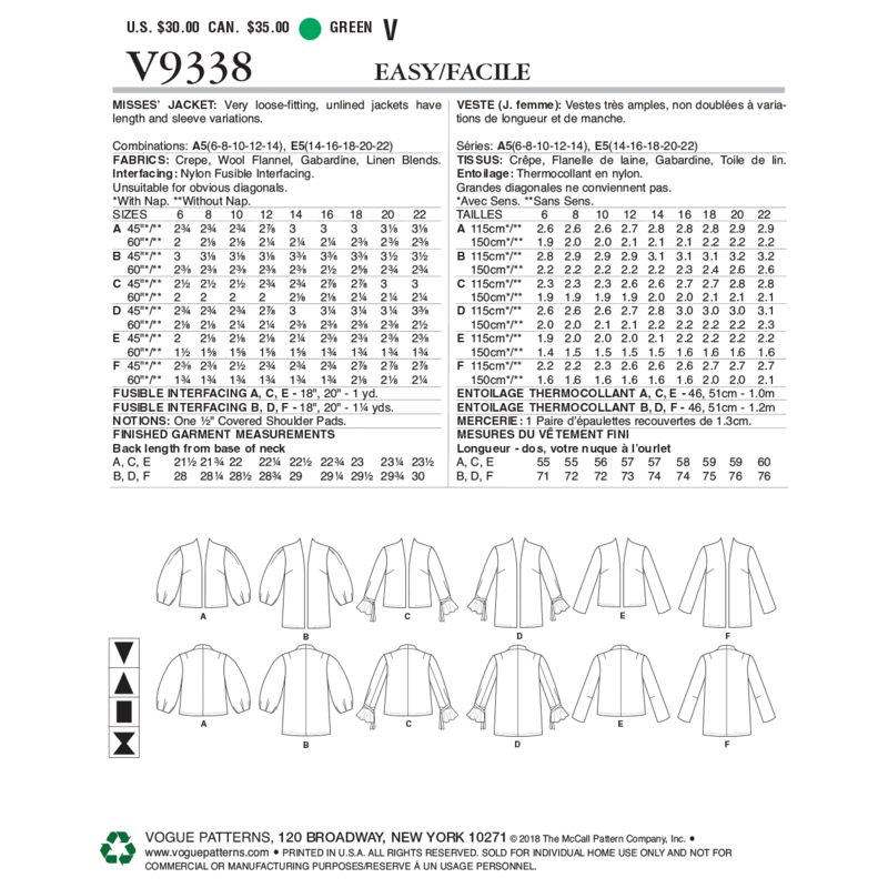 Patron Vogue 9338 A5 - Vestes femme de style ouvert