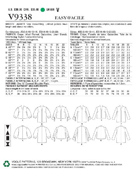Patron Vogue 9338 A5 - Vestes femme de style ouvert