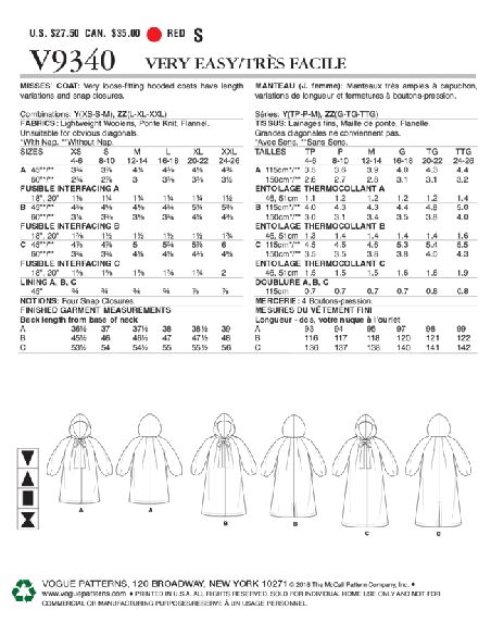 Patron Vogue 9340 Y - Manteau très ample
