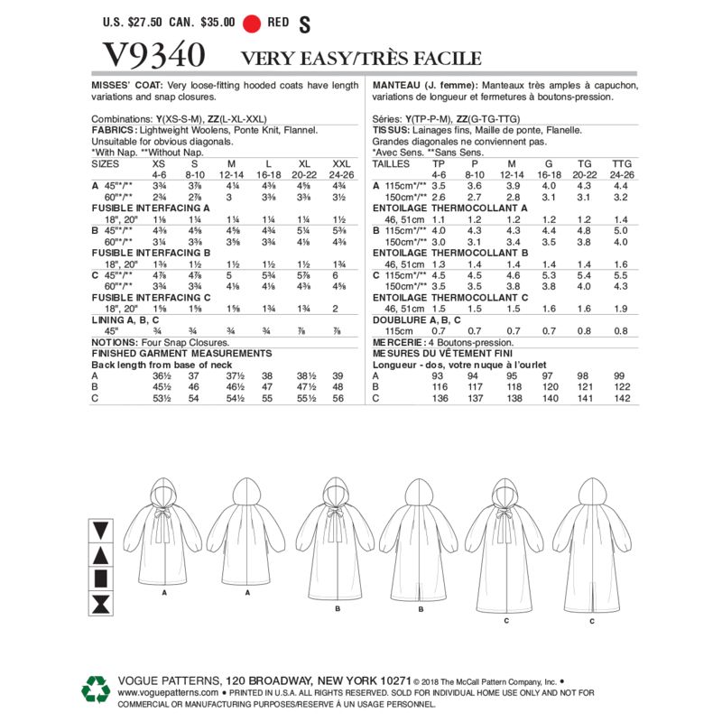 Patron Vogue 9340 ZZ - Manteau très ample