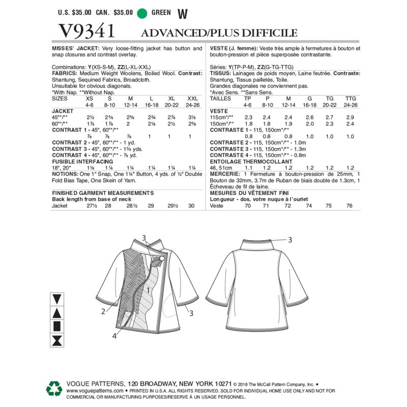 Patron Vogue 9341 Y - Veste femme à fermeture boutonnée latérale