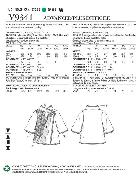 Patron Vogue 9341 Y - Veste femme à fermeture boutonnée latérale