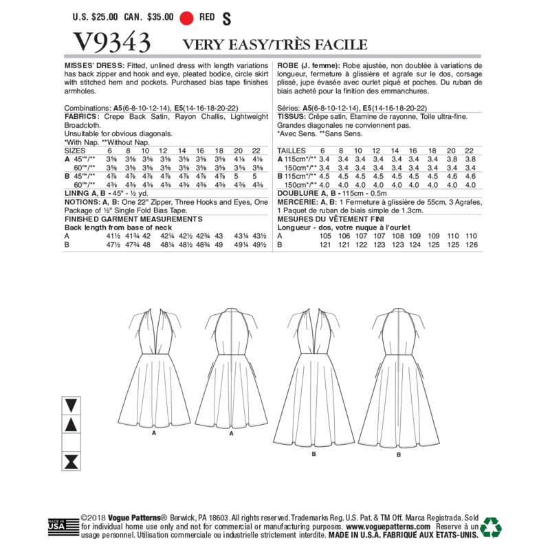 Patron Vogue 9343 E5 -Robe femme "Marylin" avec dos à corsage style américain