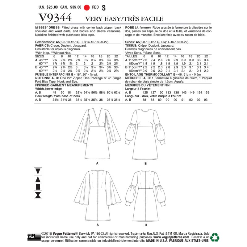 Patron Vogue 9344 E5 - Robes femme avec choix de manches fendues ou style bishop