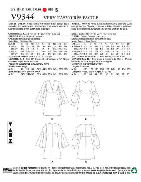 Patron Vogue 9344 E5 - Robes femme avec choix de manches fendues ou style bishop