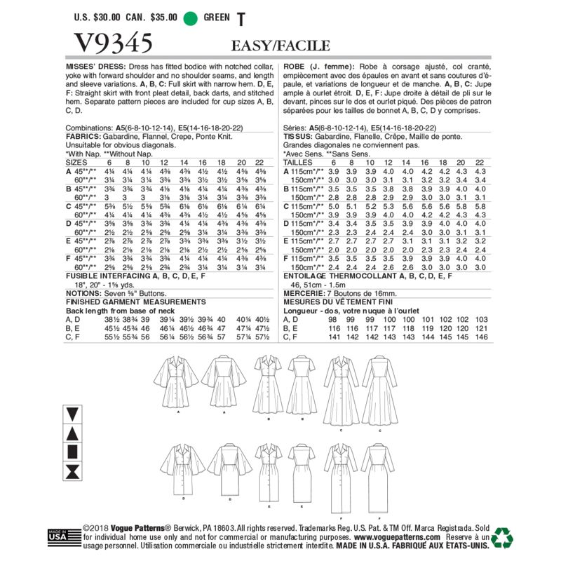Patron Vogue 9345 A5 - Robe style chemisier pour femme