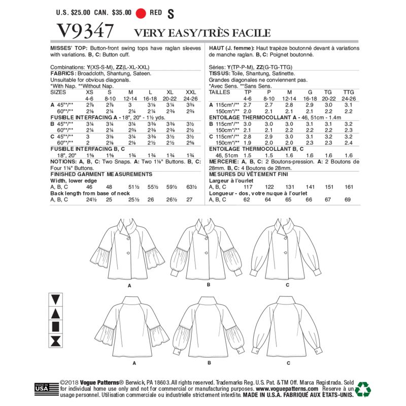 Patron Vogue 9347 Y -Veste femme de coupe trapèze avec manches raglan