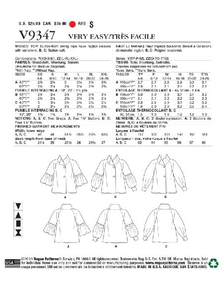 Patron Vogue 9347 ZZ - Veste femme de coupe trapèze avec manches raglan