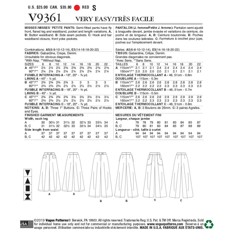 Patron Vogue 9361 A5 - Pantalon pour femme coupe évasée
