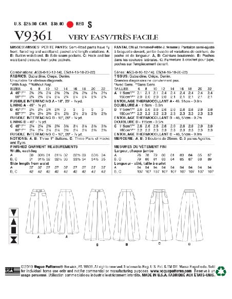 Patron Vogue 9361 E5 - Pantalon pour femme coupe évasée