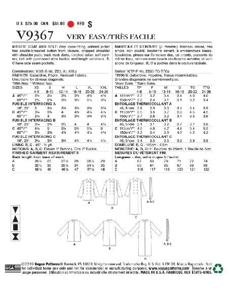 Patron Vogue 9367 Y - Veste femme style trench croisé et non doublé