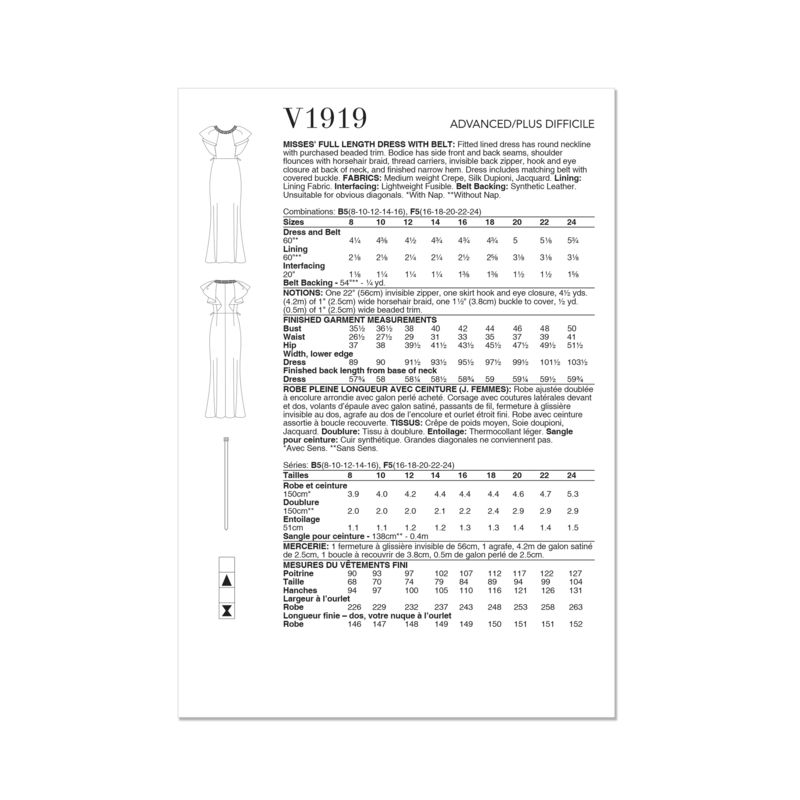 Patron Vogue 1919 B5 - Robe femme ajustée et doublée