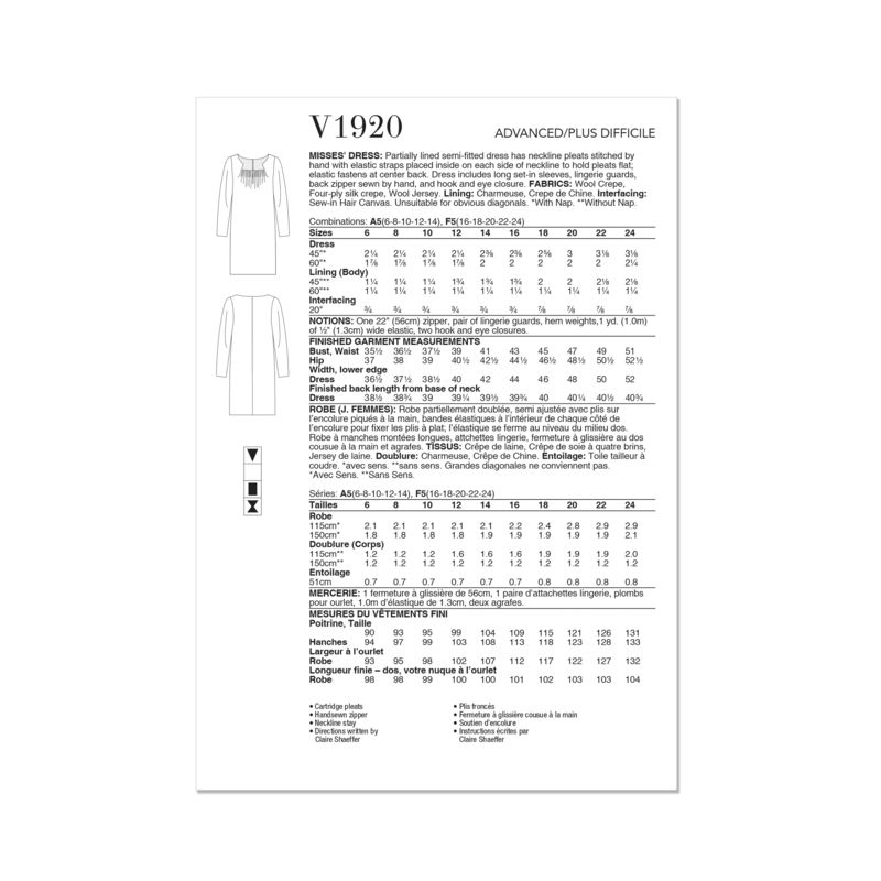 Patron Vogue 1920 A5 - Robe femme coupe semi-ajustée