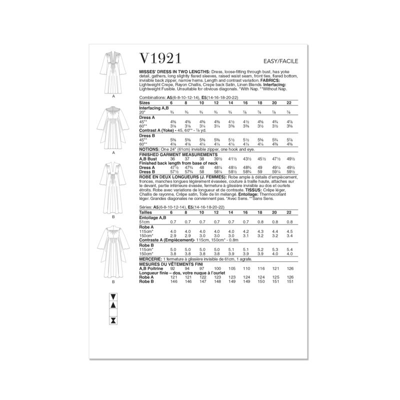 Patron Vogue 1921 A5 - Robe femme ample avec empiècements