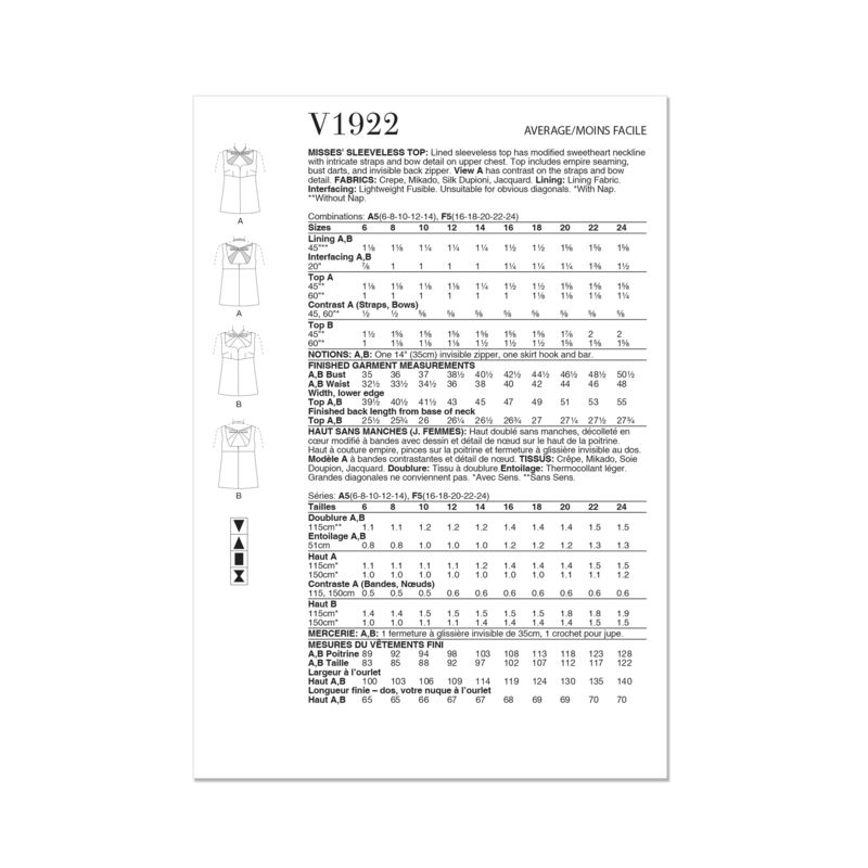 Patron Vogue 1922 A5 - Haut femme doublé et sans manches