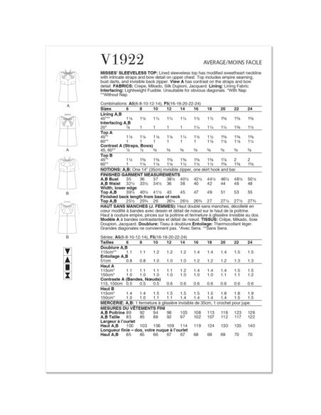 Patron Vogue 1922 F5 - Haut femme doublé et sans manches