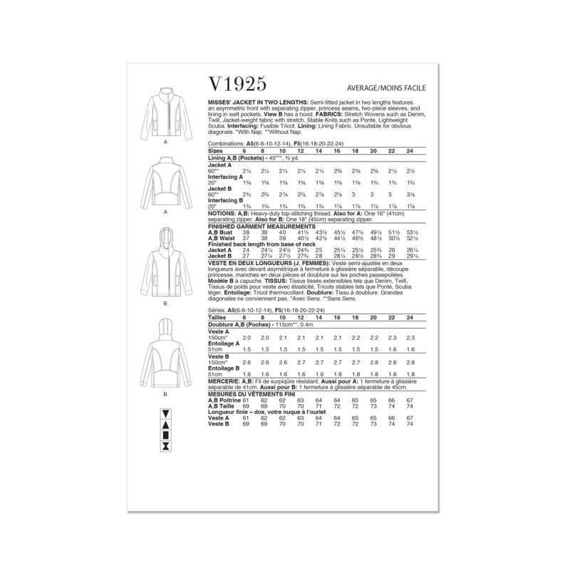 Patron Vogue 1925 F5 - Veste femme coupe semi-ajustée