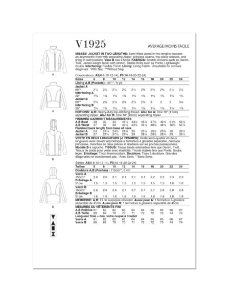 Patron Vogue 1925 F5 - Veste femme coupe semi-ajustée