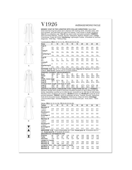 Patron Vogue 1926 B5 - Manteau femme doublé coupe semi-ajustée