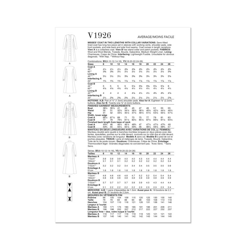 Patron Vogue 1926 Y5 - Manteau femme doublé coupe semi-ajustée