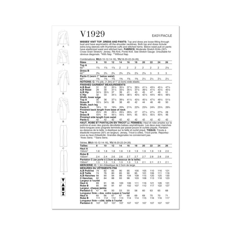 Patron Vogue 1929 Y5 - Haut, robe et pantalon en tricot
