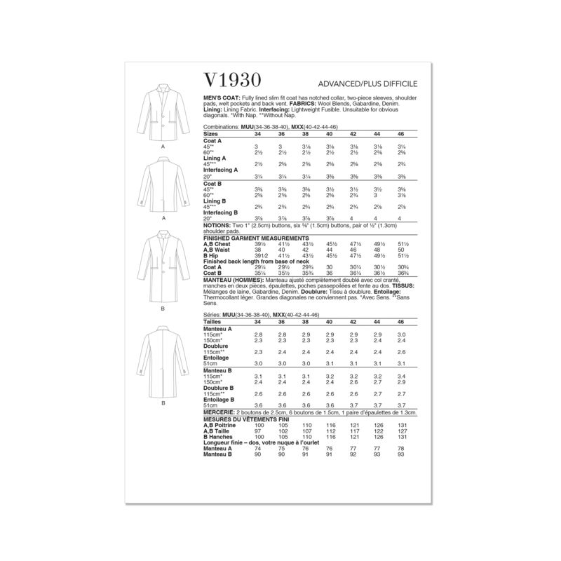 Patron Vogue 1930 MUU - Manteau homme cintré