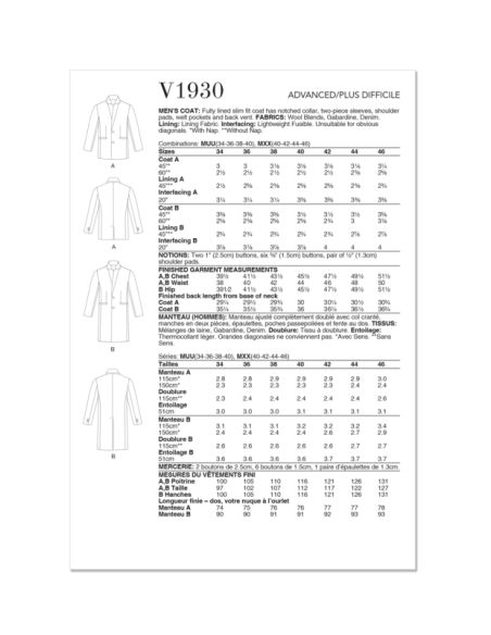 Patron Vogue 1930 MUU - Manteau homme cintré