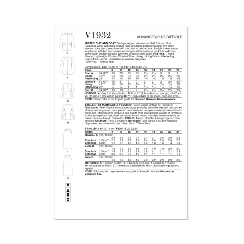 Patron Vogue 1932 B5 - Ensemble femme : tailleur et manteau