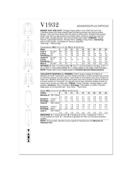 Patron Vogue 1932 F5 - Ensemble femme : tailleur et manteau