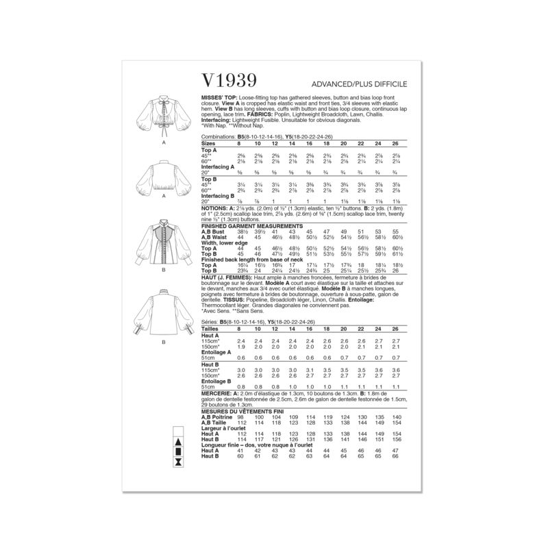 Patron Vogue 1939 Y5 - Haut évasé, manches bouffantes