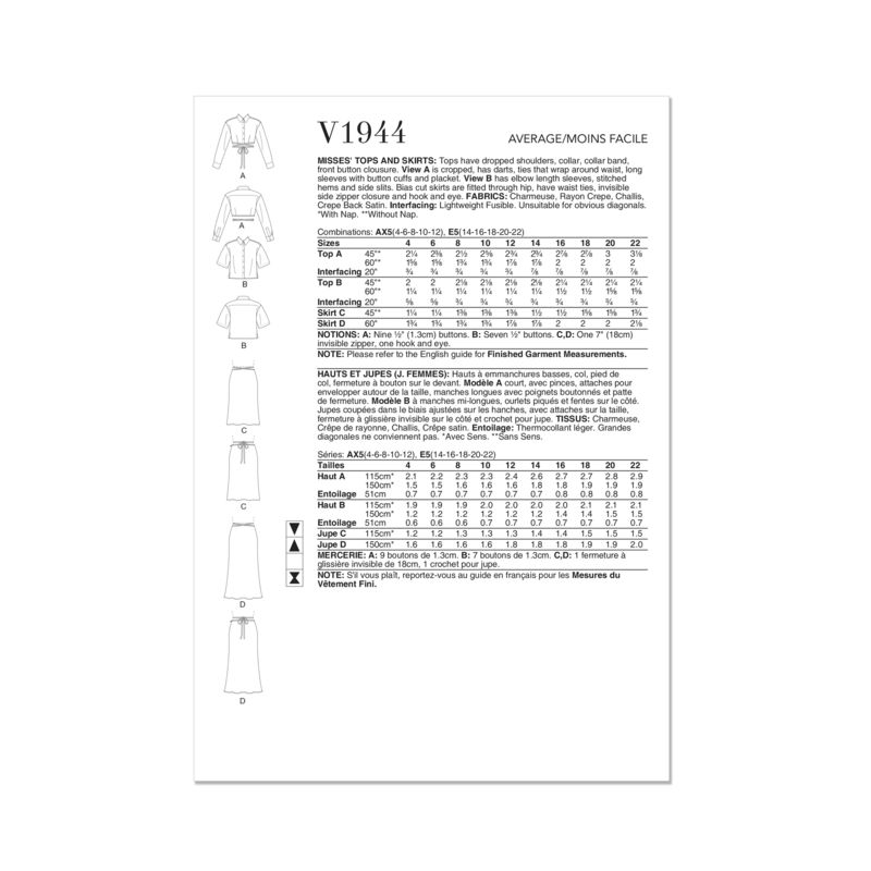 Patron Vogue 1944 AX5 - Haut emmanchure basse & jupe