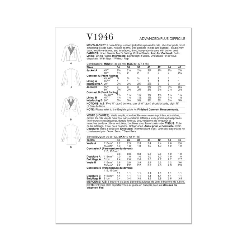 Patron Vogue 1946 MUU- Veste Homme
