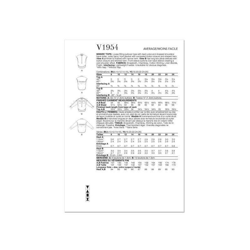 Patron Vogue 1954 B5 - Hauts amples