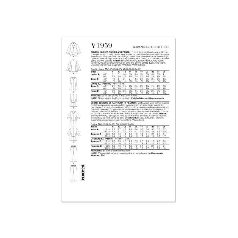 Patron Vogue 1959 Y5 - Veste, tunique et pantalon