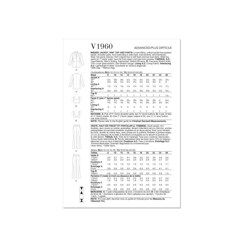 Patron Vogue 1960 Y5 - Veste, haut et pantalon