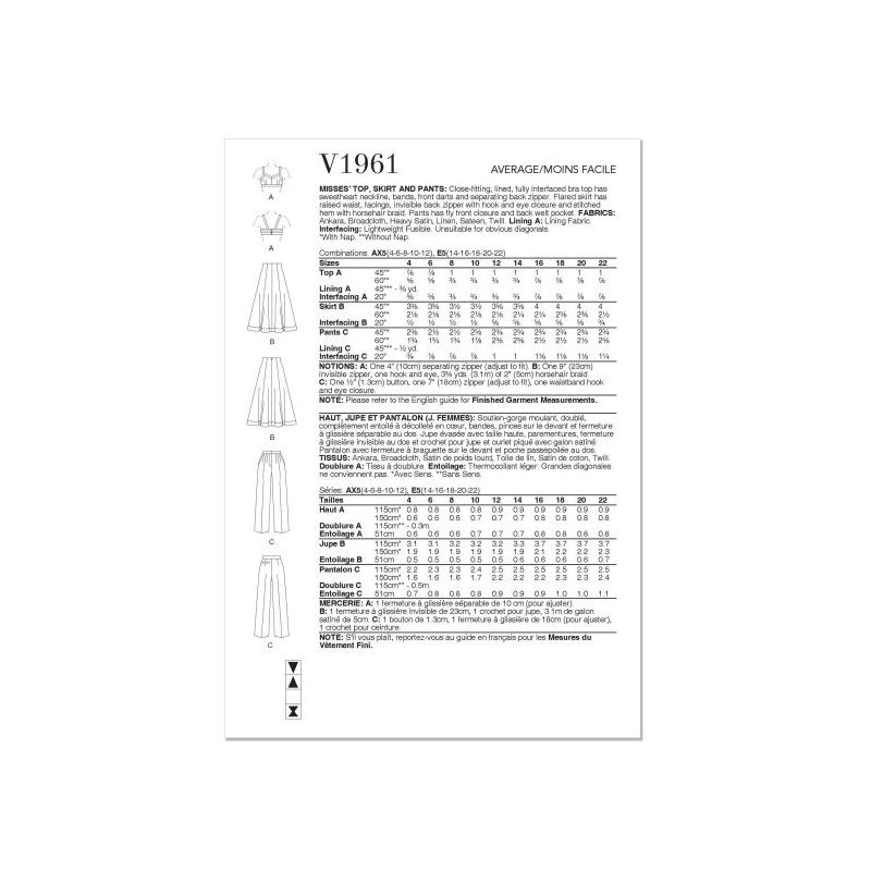 Patron Vogue 1961 AX5 - Haut, jupe et pantalon