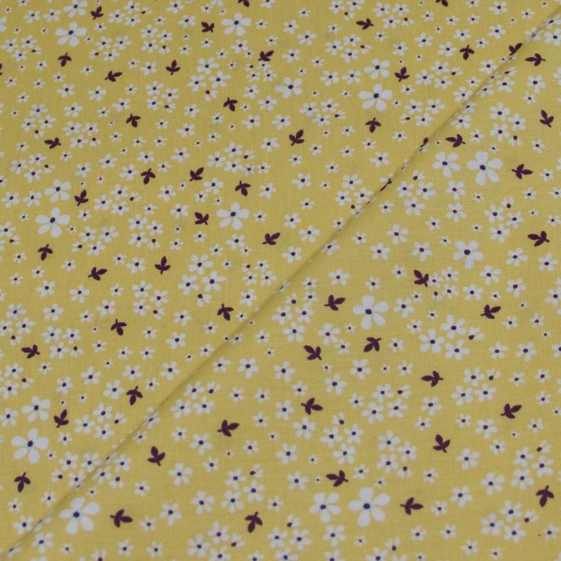 Popeline 100% coton bio (GOTS) - Petites fleurs blanches fond jaune