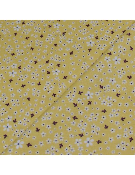 Popeline 100% coton bio (GOTS) - Petites fleurs blanches fond jaune