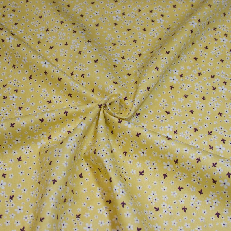 Popeline 100% coton bio (GOTS) - Petites fleurs blanches fond jaune