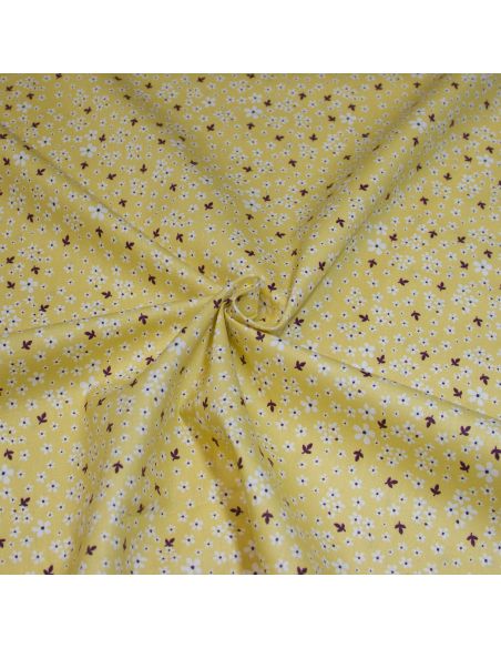 Popeline 100% coton bio (GOTS) - Petites fleurs blanches fond jaune