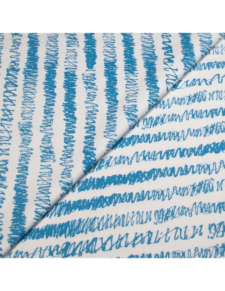 Molleton non gratté (French terry) - Rayure gribouilli bleu fond blanc