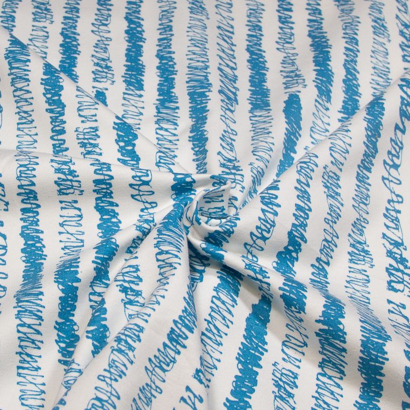 Molleton non gratté (French terry) - Rayure gribouilli bleu fond blanc