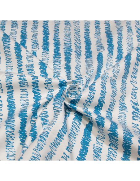 Molleton non gratté (French terry) - Rayure gribouilli bleu fond blanc