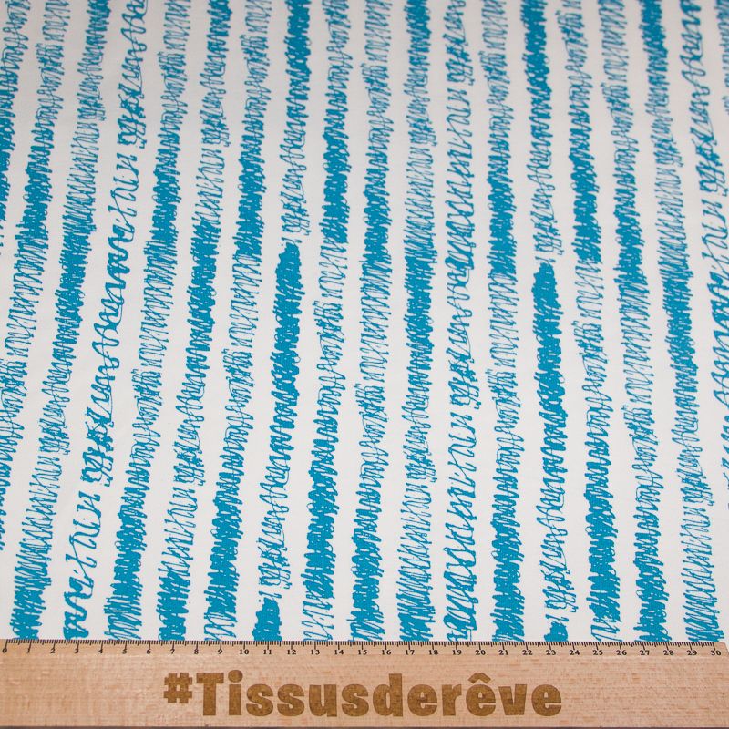 Molleton non gratté (French terry) - Rayure gribouilli bleu fond blanc